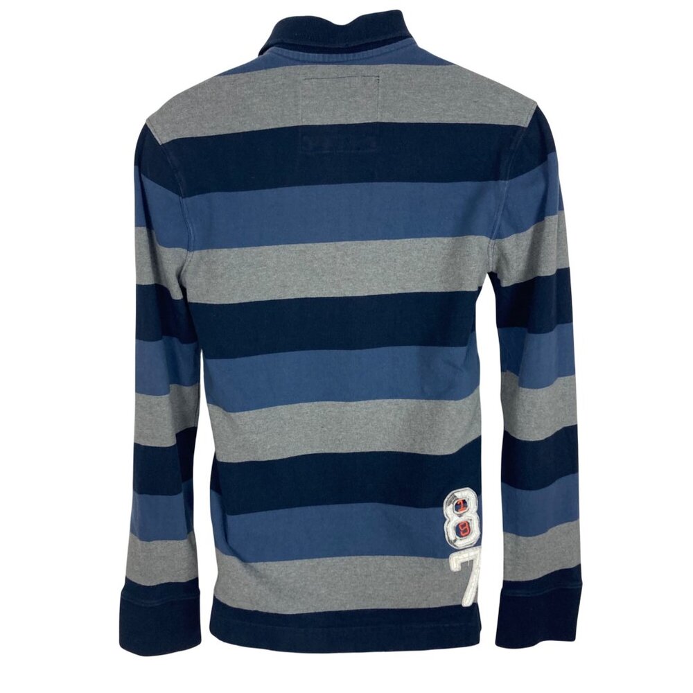 Aeropostale Rugby Shirt Mens Small Blue Gray Striped NYC Patch Athletic Y2K - Picture 8 of 12